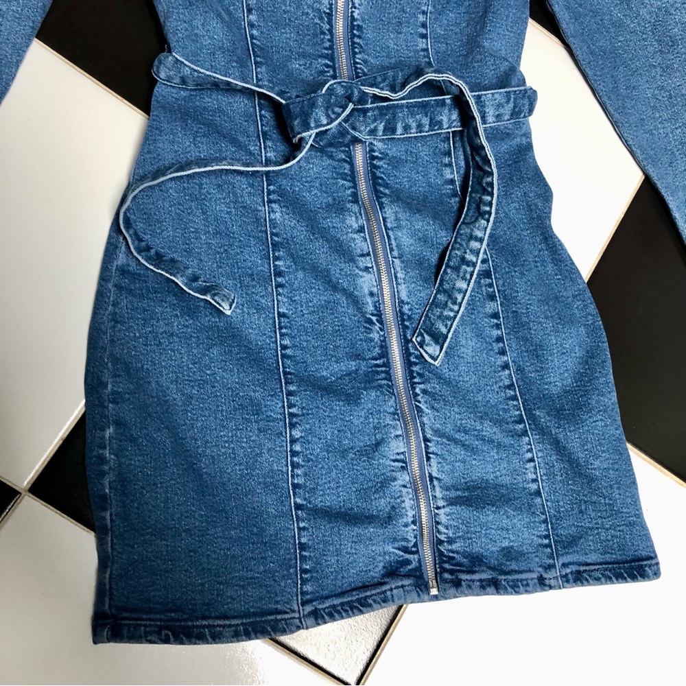 NWT Bershka Shirt Mini Dress Long Sleeve Denim Belted Puffy Sleeves Western sz M - Picture 8 of 13
